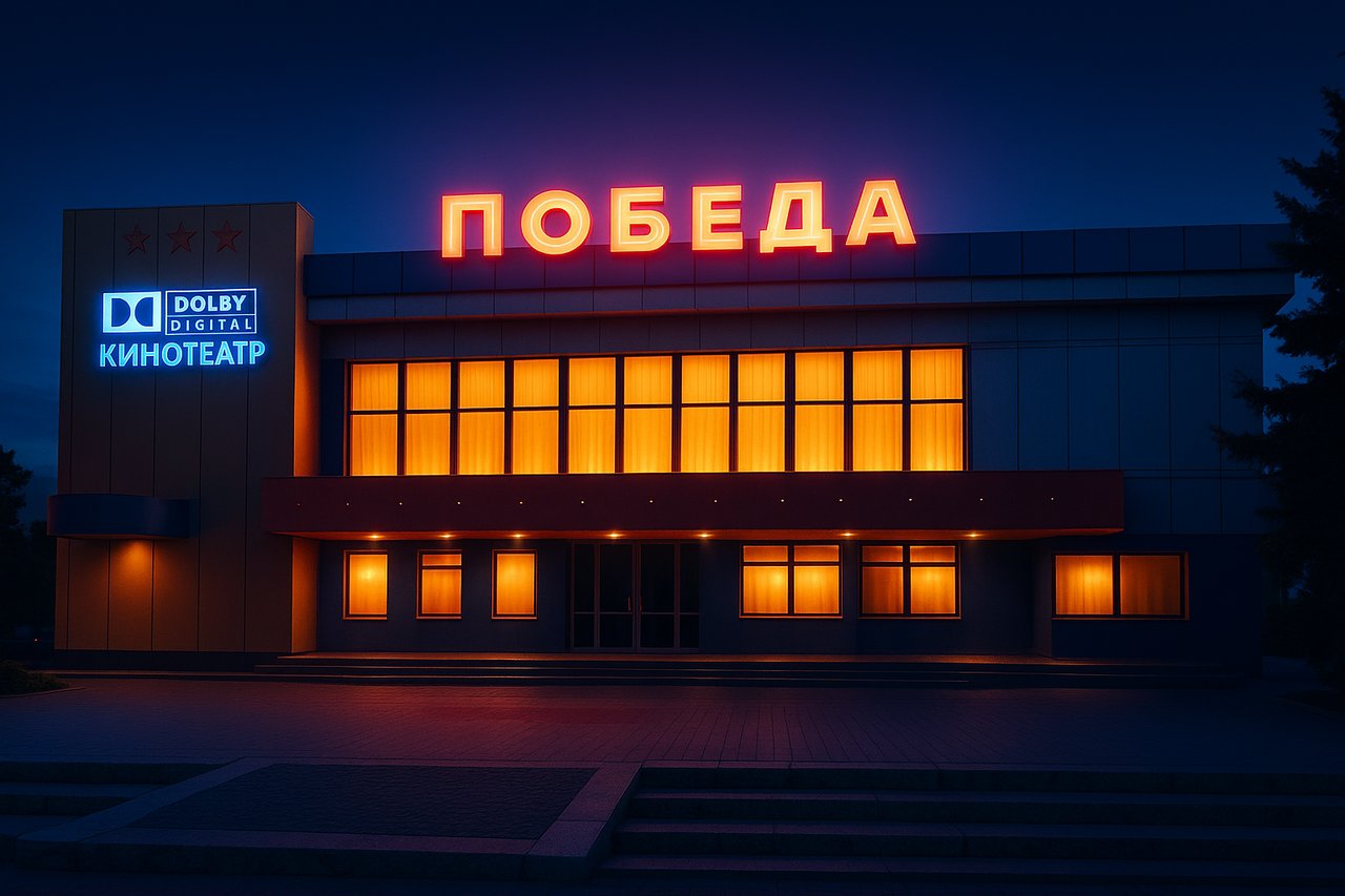 Кинотеатр «Победа». Вечерний фасад, светящиеся окна и неоновая вывеска